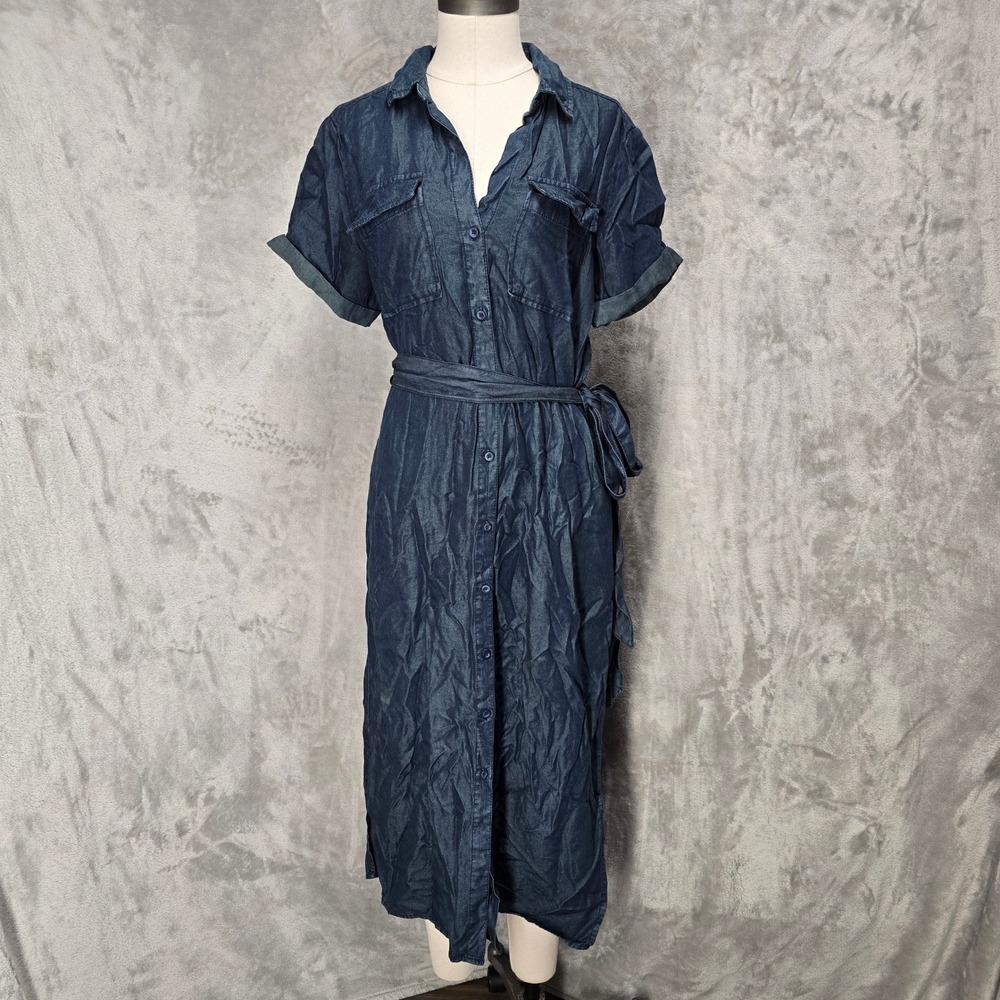 Velvet Heart Shirt Dress Women Medium Blue Tencel Midi Belted Minimalist Classic